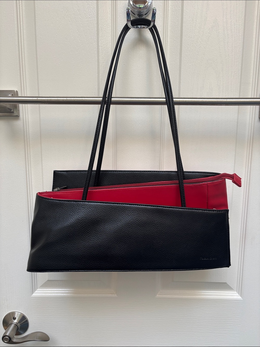 Tolblanc Paris black and red asymmetrical structured leather shoulder bag